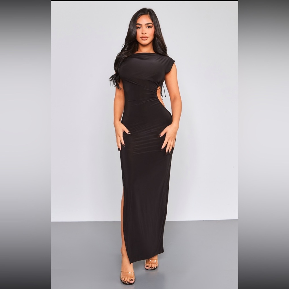Ruched shoulder black cut out dress